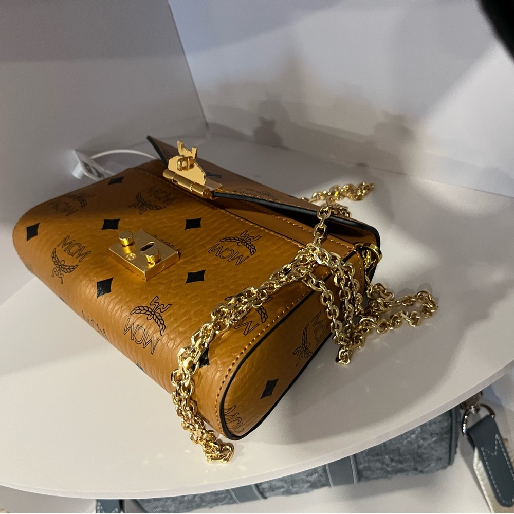 MCM Cognac Logo Print small Crossbody with Gold Lock - Picture 3 of 3